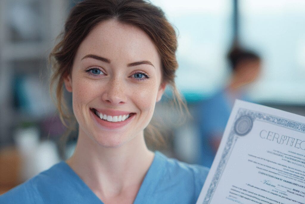 An informational visual for the FAQ on what is a CNA license, showing a Certified Nursing Assistant and their credential