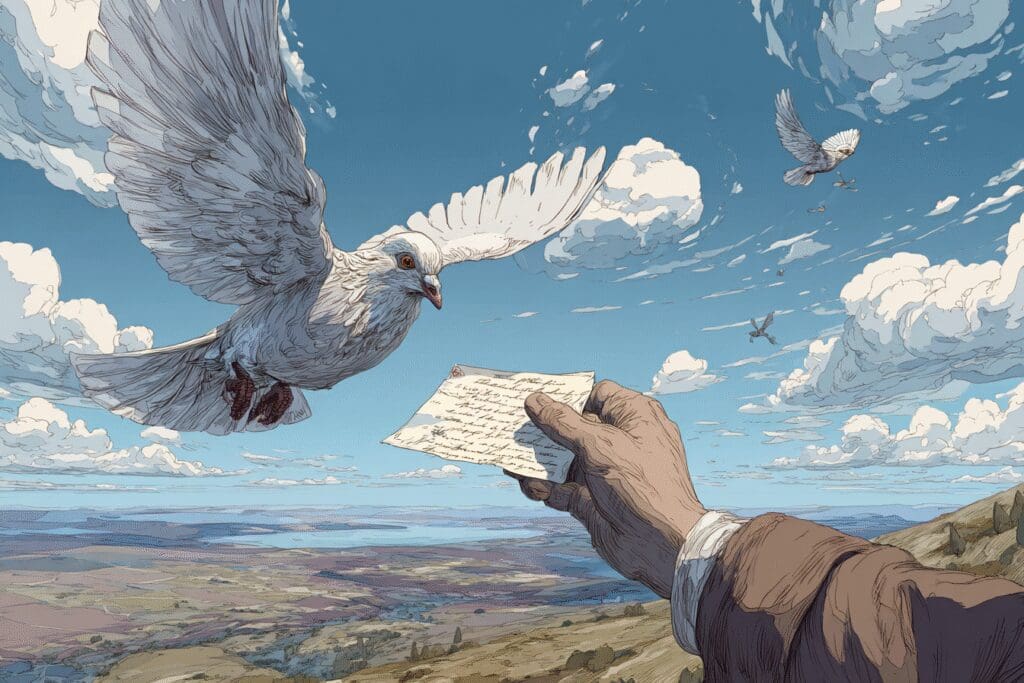 Carrier pigeons exchanging a document for a check, a metaphor for the FAQ on how long to get a settlement check