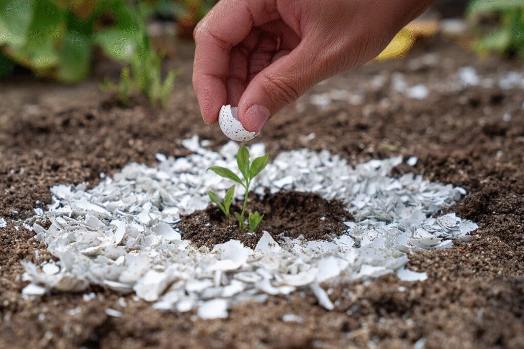Crushed eggshells placed around a plant, an organic deterrent for the FAQ on how to get rid of snails