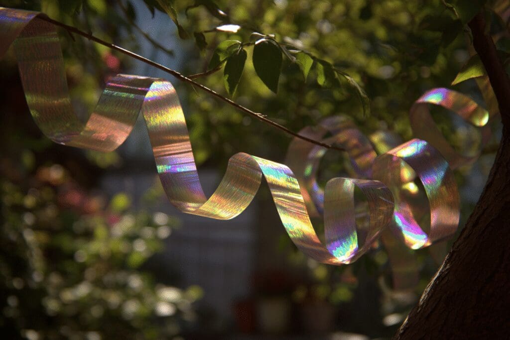 Reflective tape hanging from a tree, a visual deterrent for the FAQ on how to get rid of grackle birds